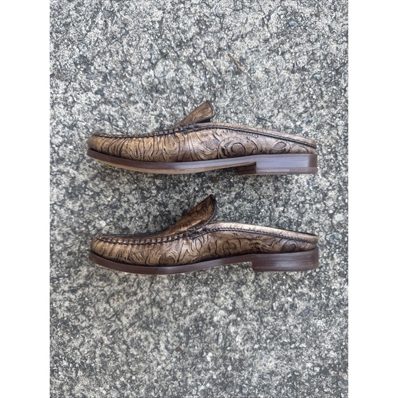 Cole Haan Western Elkins Women\'s 5.5 B Tooled Brown Leather Slip On Mules Loafer